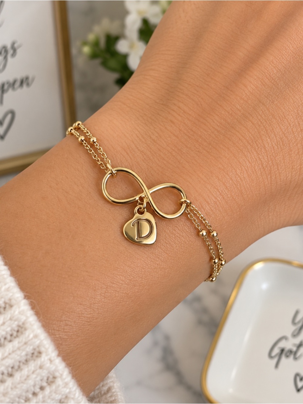 Gold Tone Infinity Bracelet with D Initial Charm Layered Chain